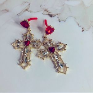 NEW Cross pendant earrings red heart shape diamant